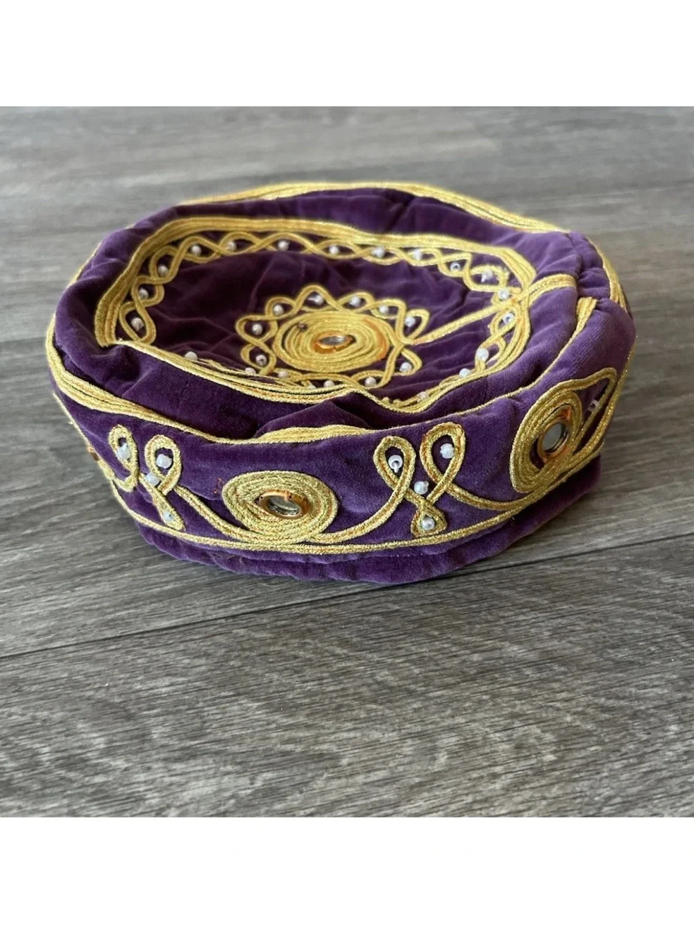 Vintage Velvet Embroidered Turkish Islamic Hat Kufi Gold Thread Mirror Bead